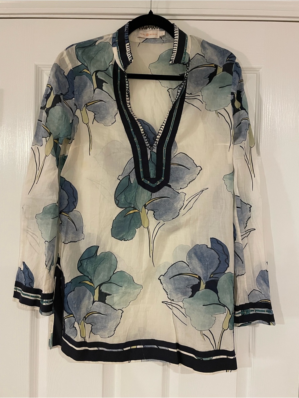 Tory Burch Semi-Sheer Floral Tunic Top in Blue and Green